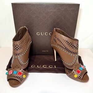 Gucci Lika Brown Leather Laser Cutout Embellished Open Toe Bootie Heels, Sz 38.5